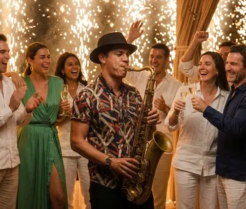 cena con show de saxofonista en vivo en Los Cabos